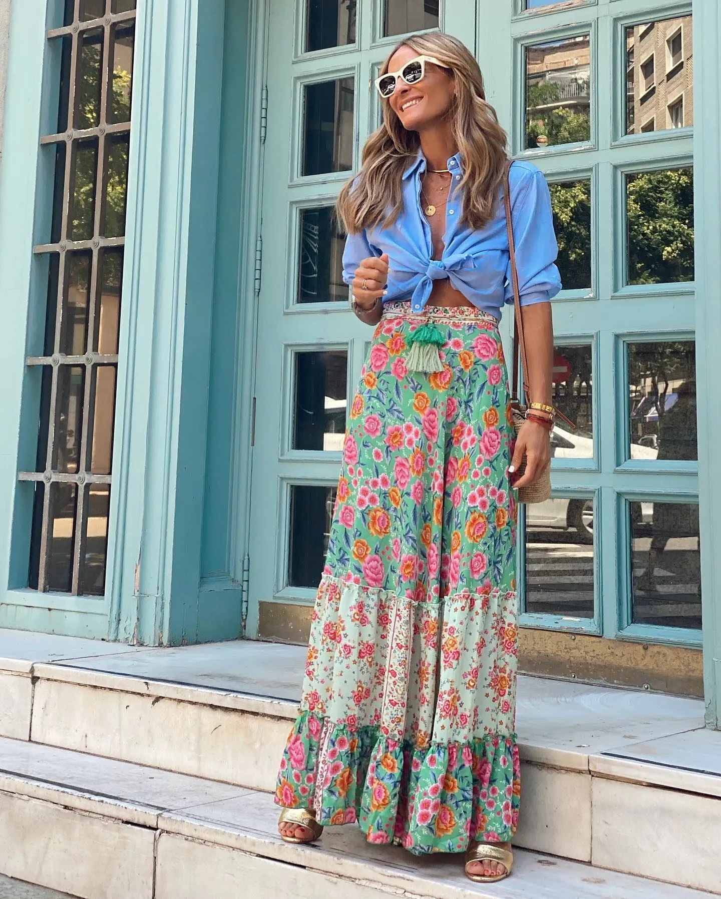 Summer street style women's print long skirt ruffled skirt skirt