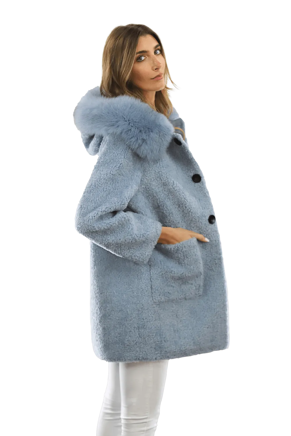 Teddy Coat with Fox Trim Hood - BLUE