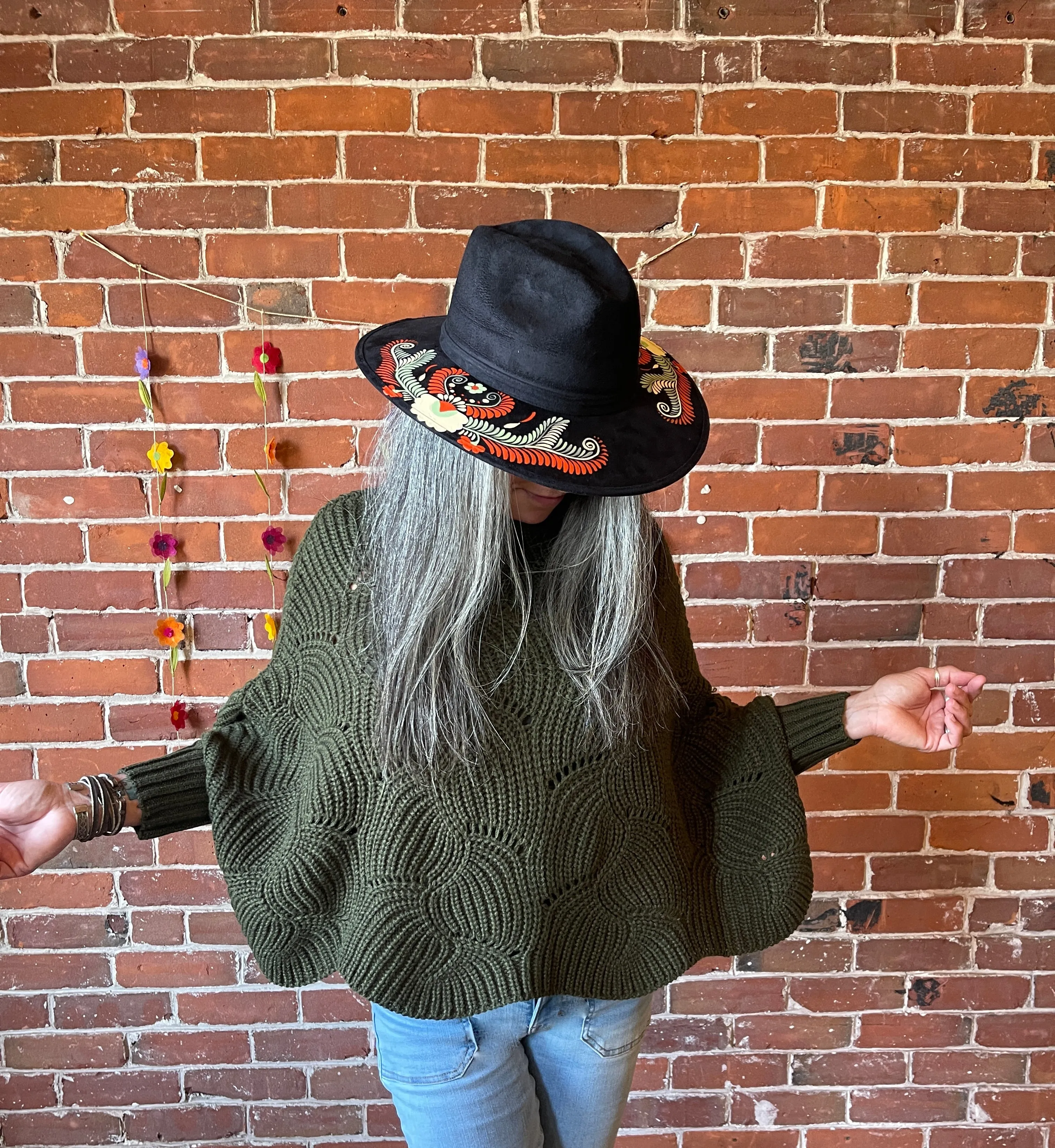 The Coffee Shop Moss Green Poncho Sweater with Sleeves