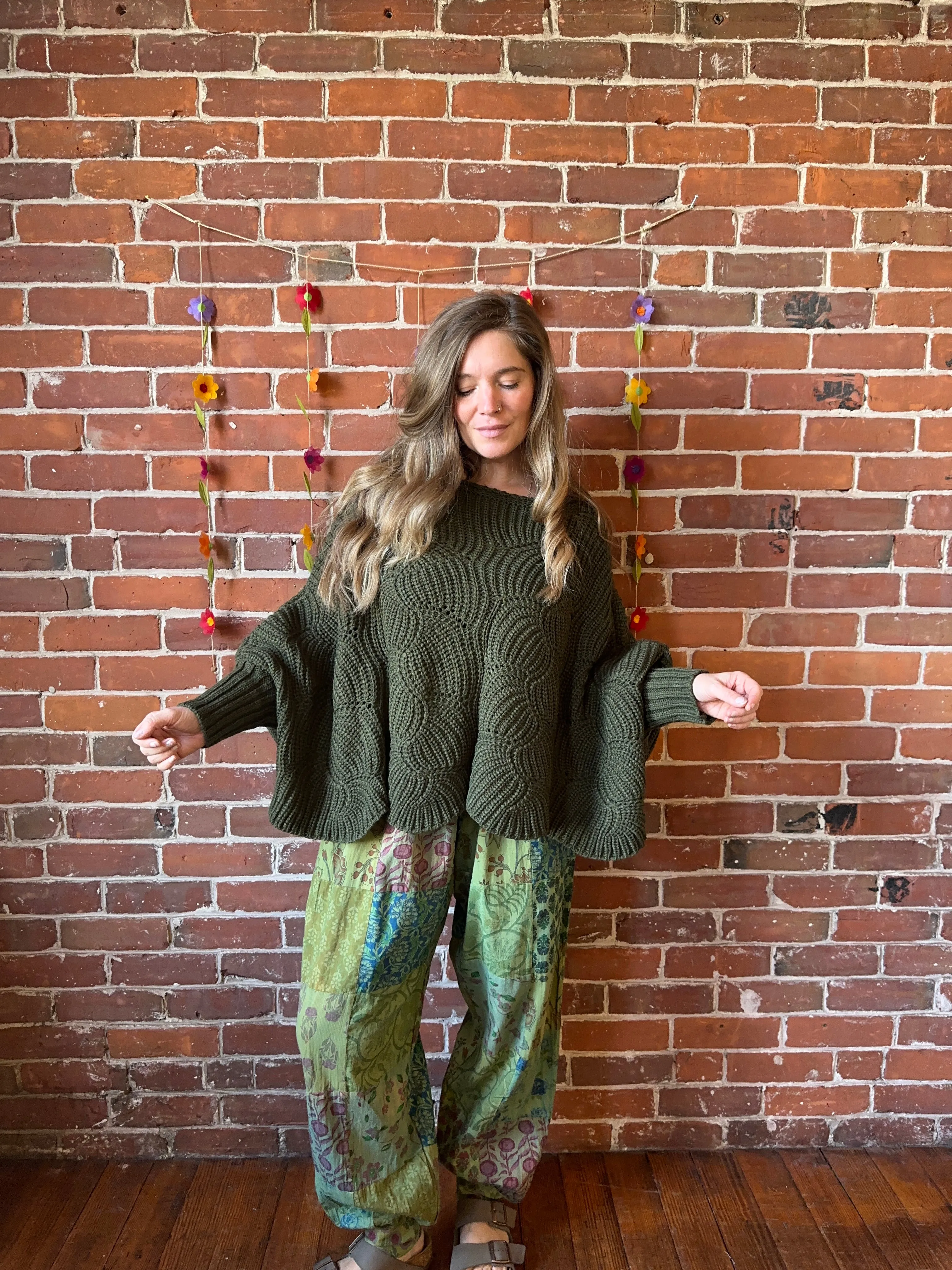 The Coffee Shop Moss Green Poncho Sweater with Sleeves