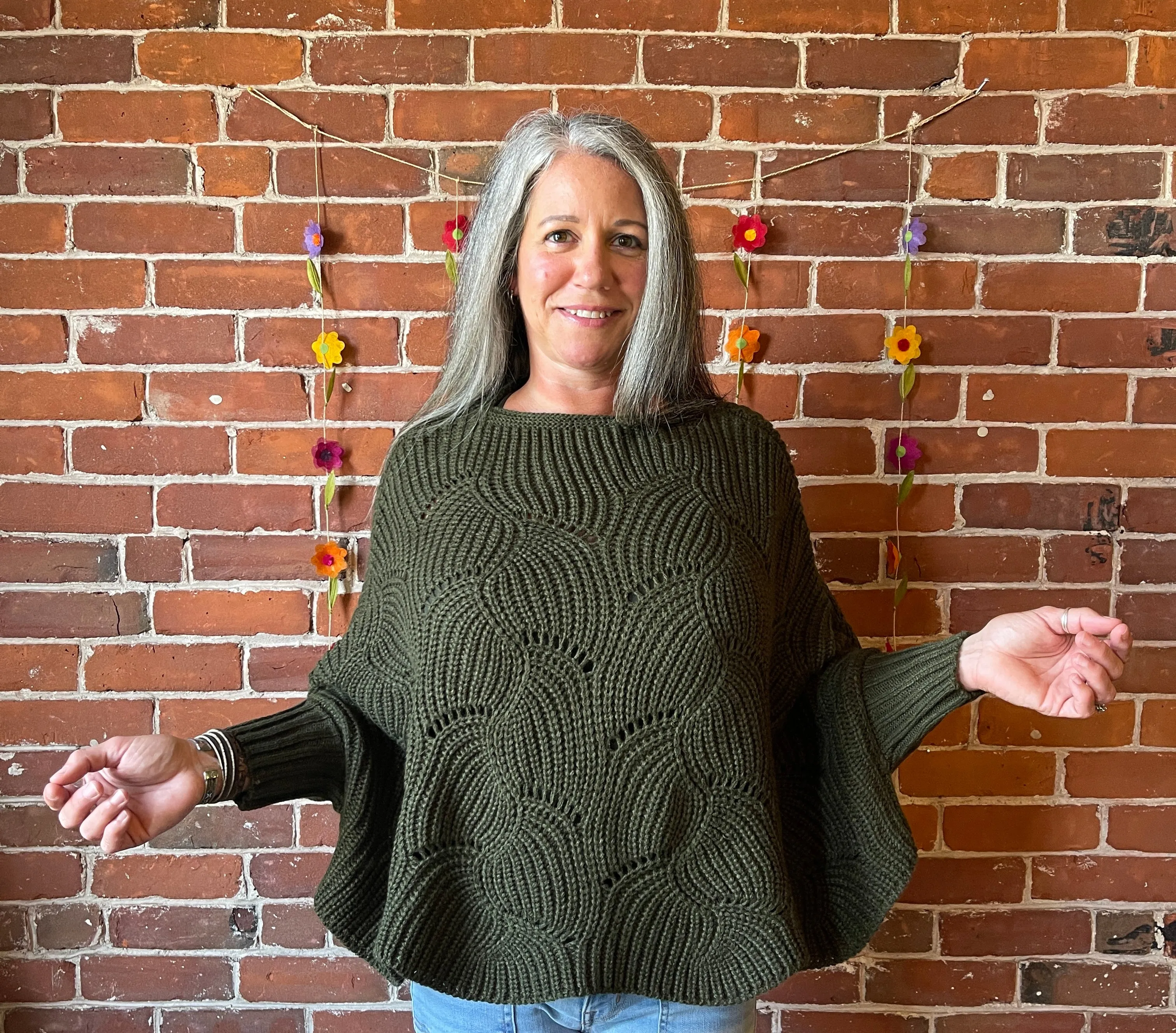 The Coffee Shop Moss Green Poncho Sweater with Sleeves