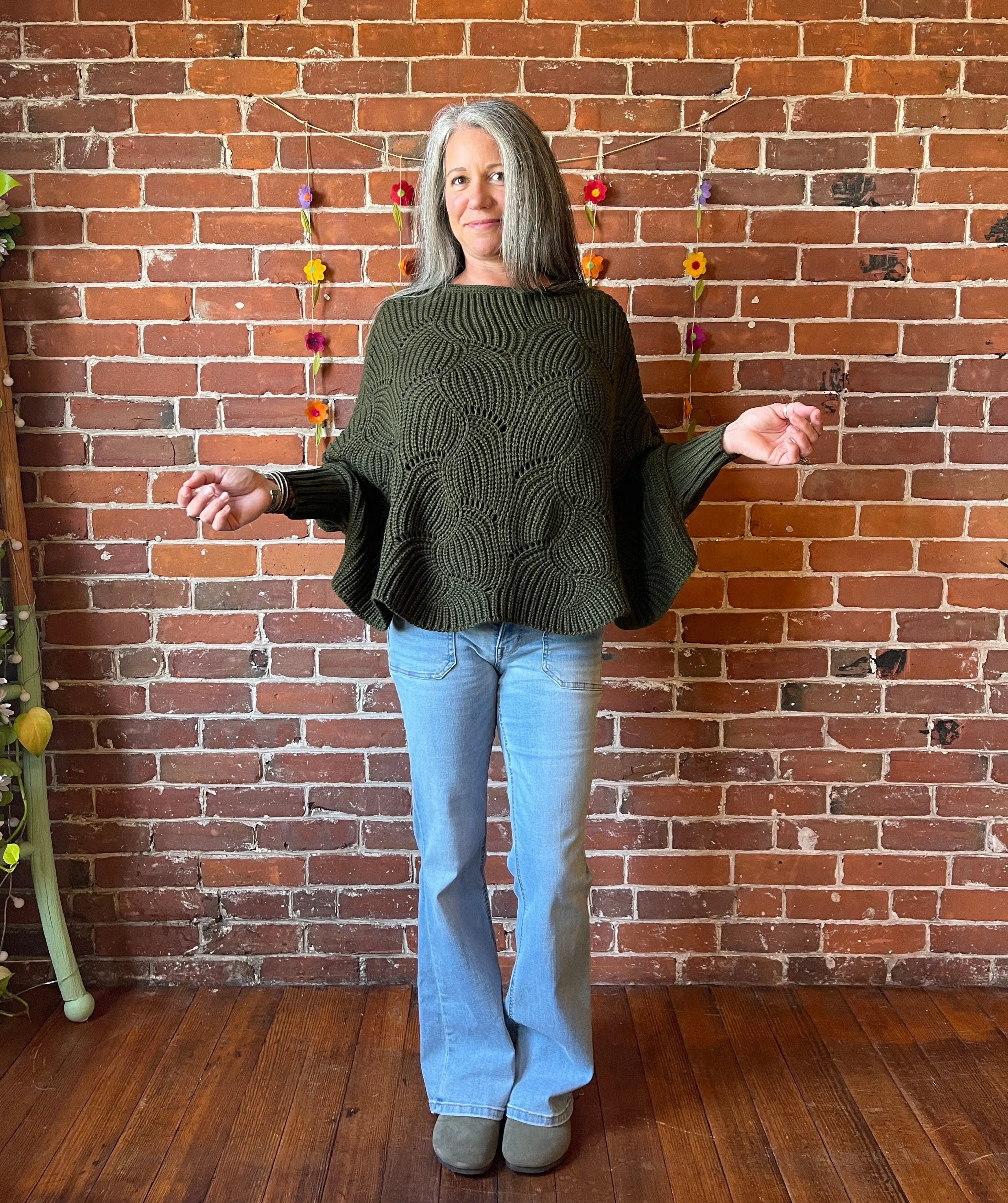 The Coffee Shop Moss Green Poncho Sweater with Sleeves