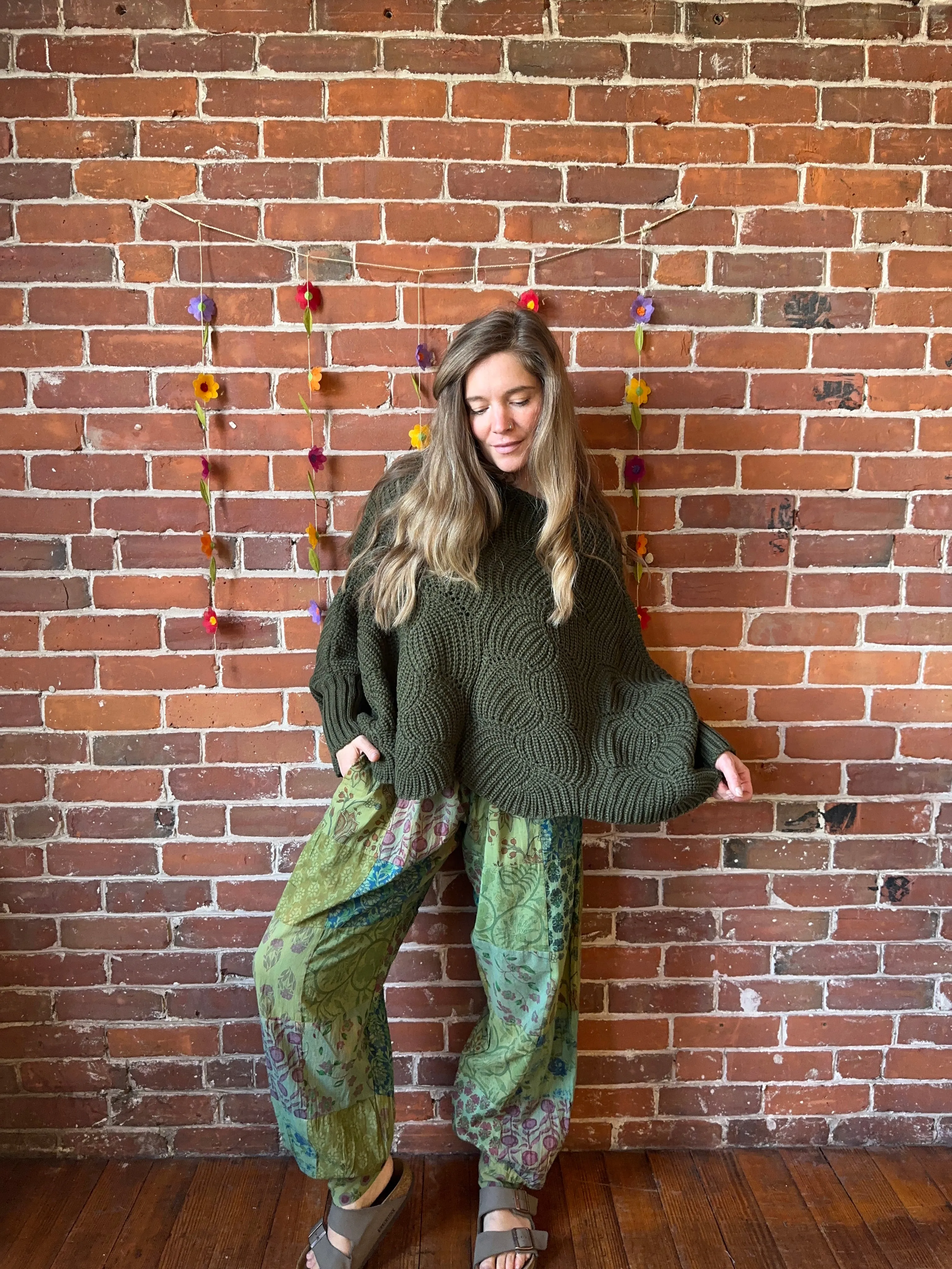 The Coffee Shop Moss Green Poncho Sweater with Sleeves