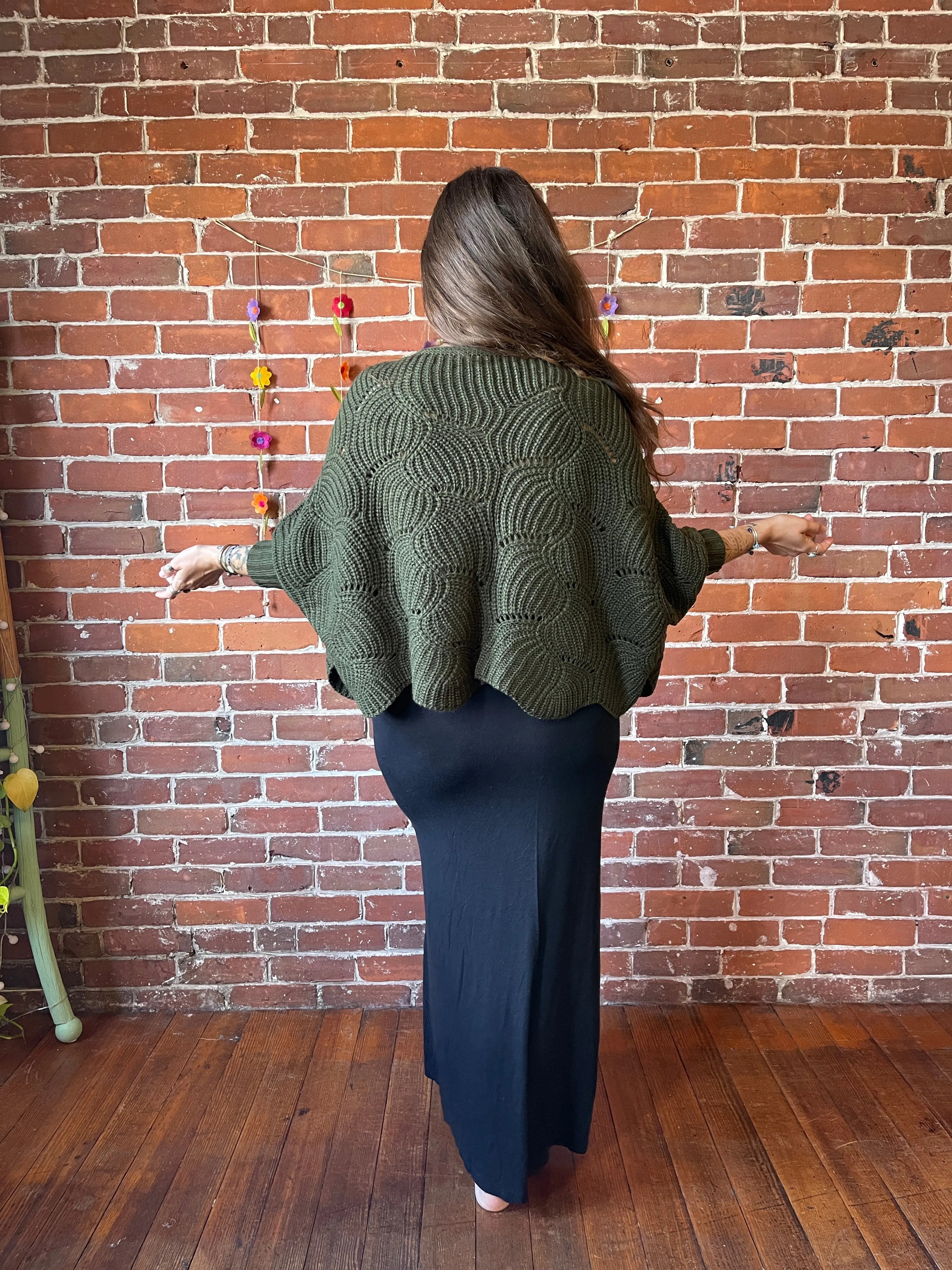 The Coffee Shop Moss Green Poncho Sweater with Sleeves