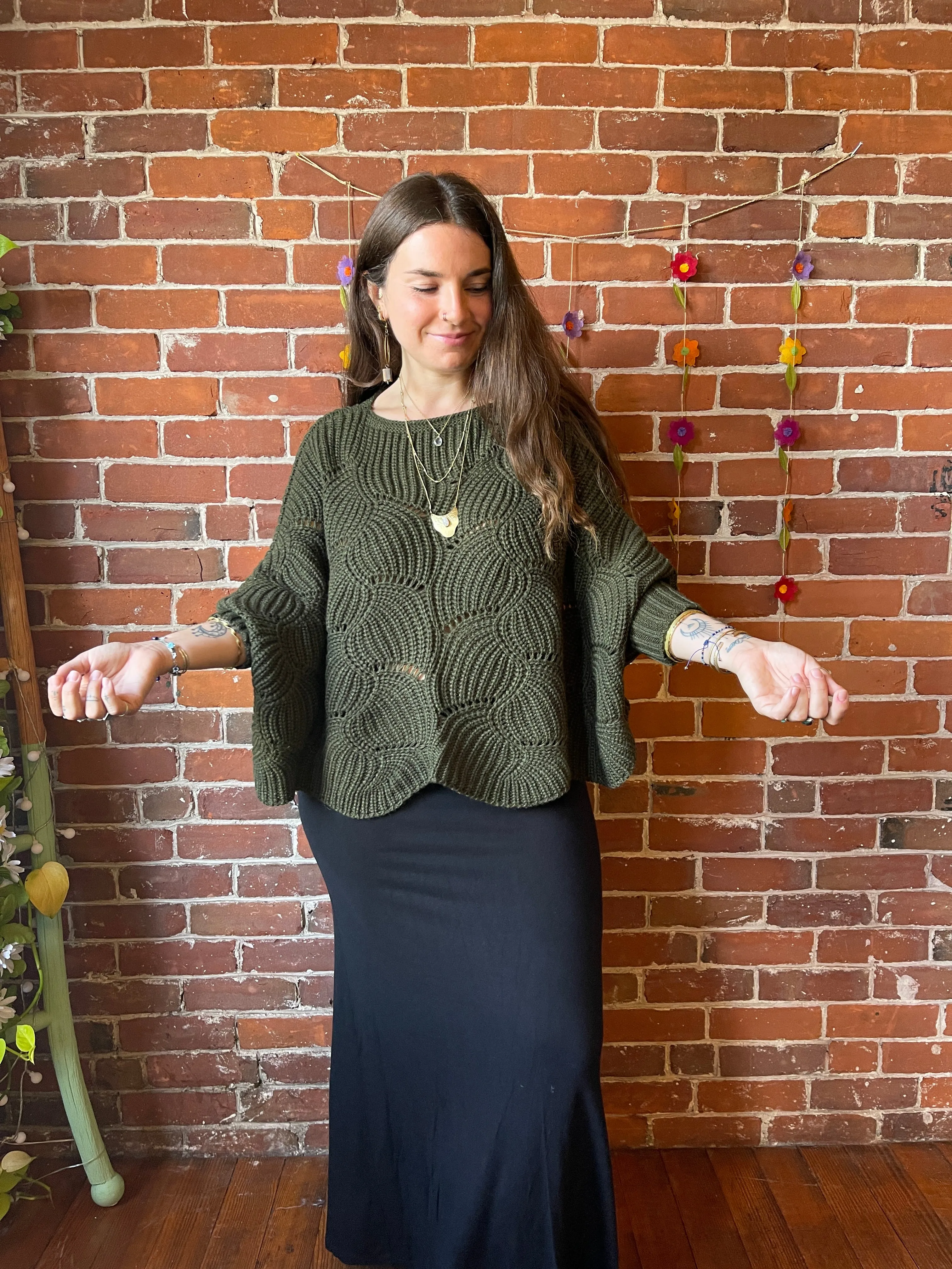 The Coffee Shop Moss Green Poncho Sweater with Sleeves