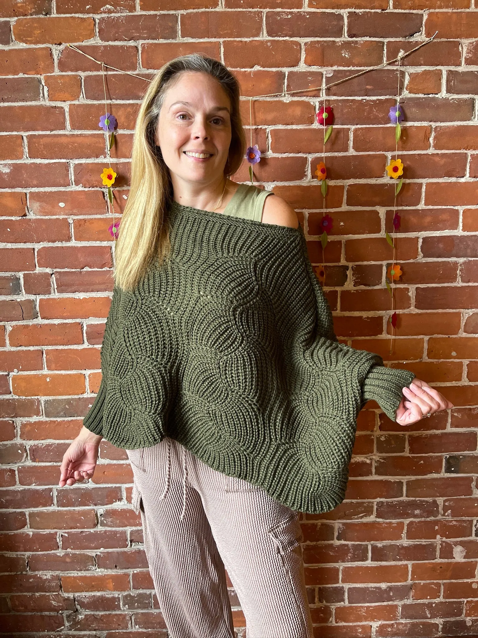 The Coffee Shop Moss Green Poncho Sweater with Sleeves