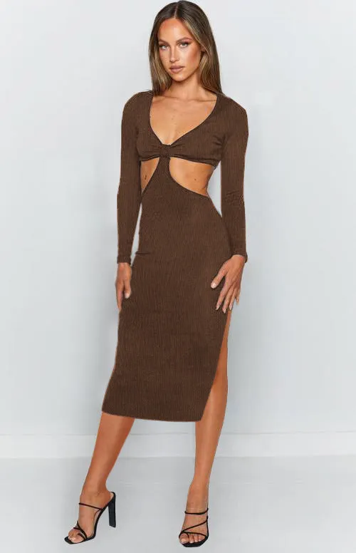 V-neck Long Sleeve Open Back Waist-Revealing Midi Dress