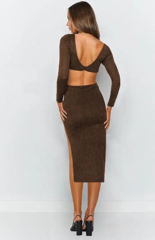 V-neck Long Sleeve Open Back Waist-Revealing Midi Dress