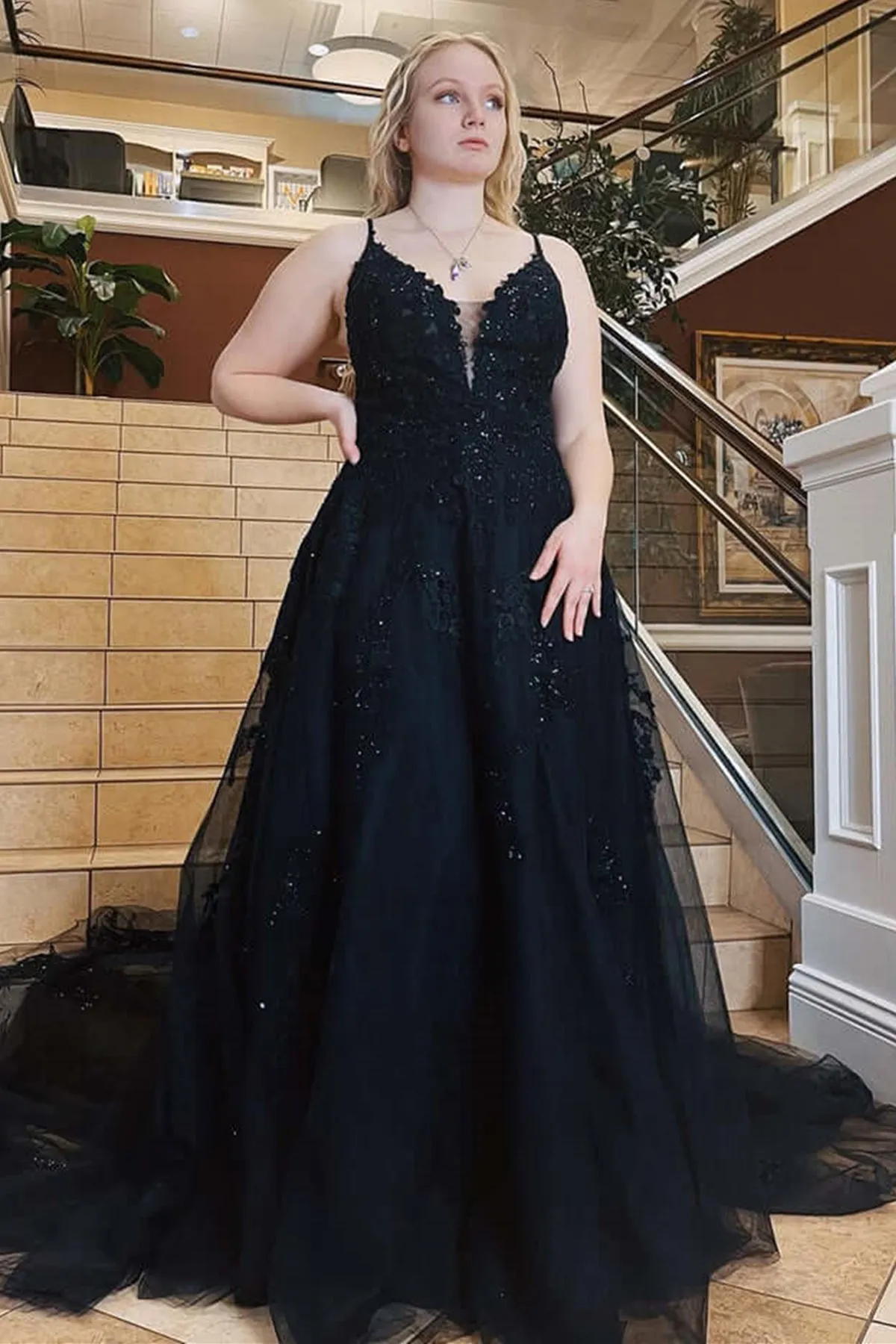 V Neck Open Back Black Lace Long Prom Dress, Black Lace Formal Dress, Black Evening Dress A1768