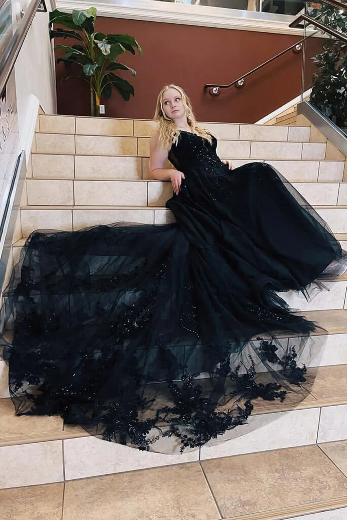 V Neck Open Back Black Lace Long Prom Dress, Black Lace Formal Dress, Black Evening Dress A1768