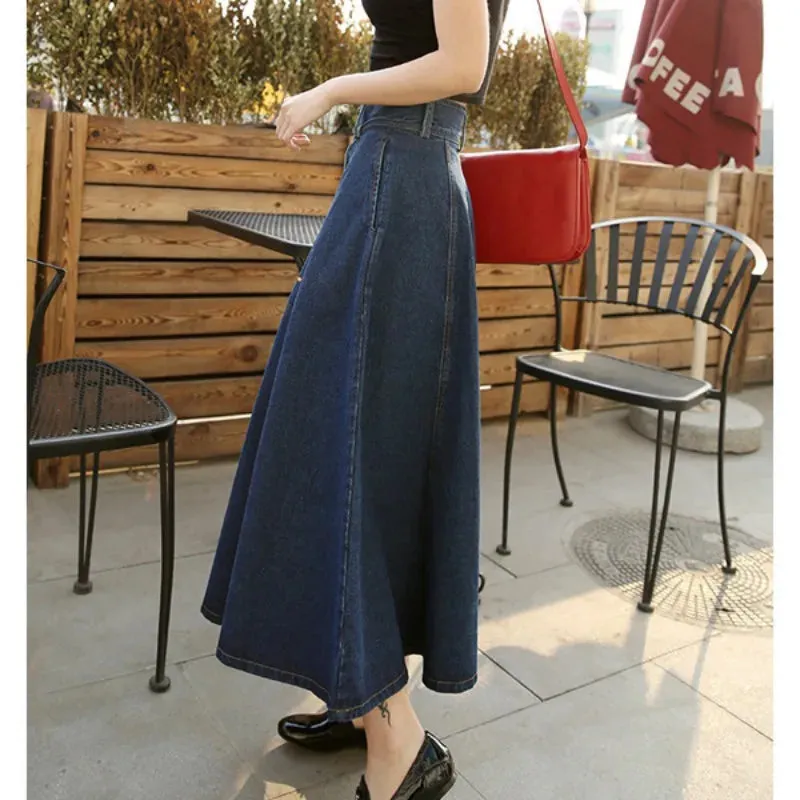 Vintage Denim Long Skirts High Waist Midi Skirt Loose A-Line Skirt