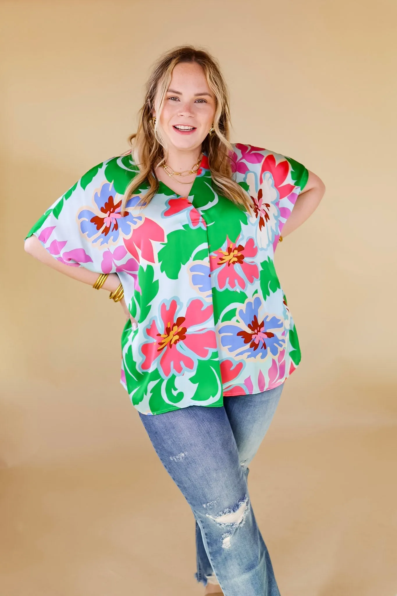 Weekend Out V Neck Placket Floral Short Sleeve Top in Light Blue Mix