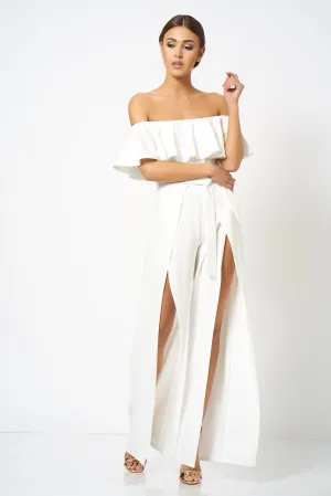 White Bardot Frill Detail Split Leg Jumpsuit