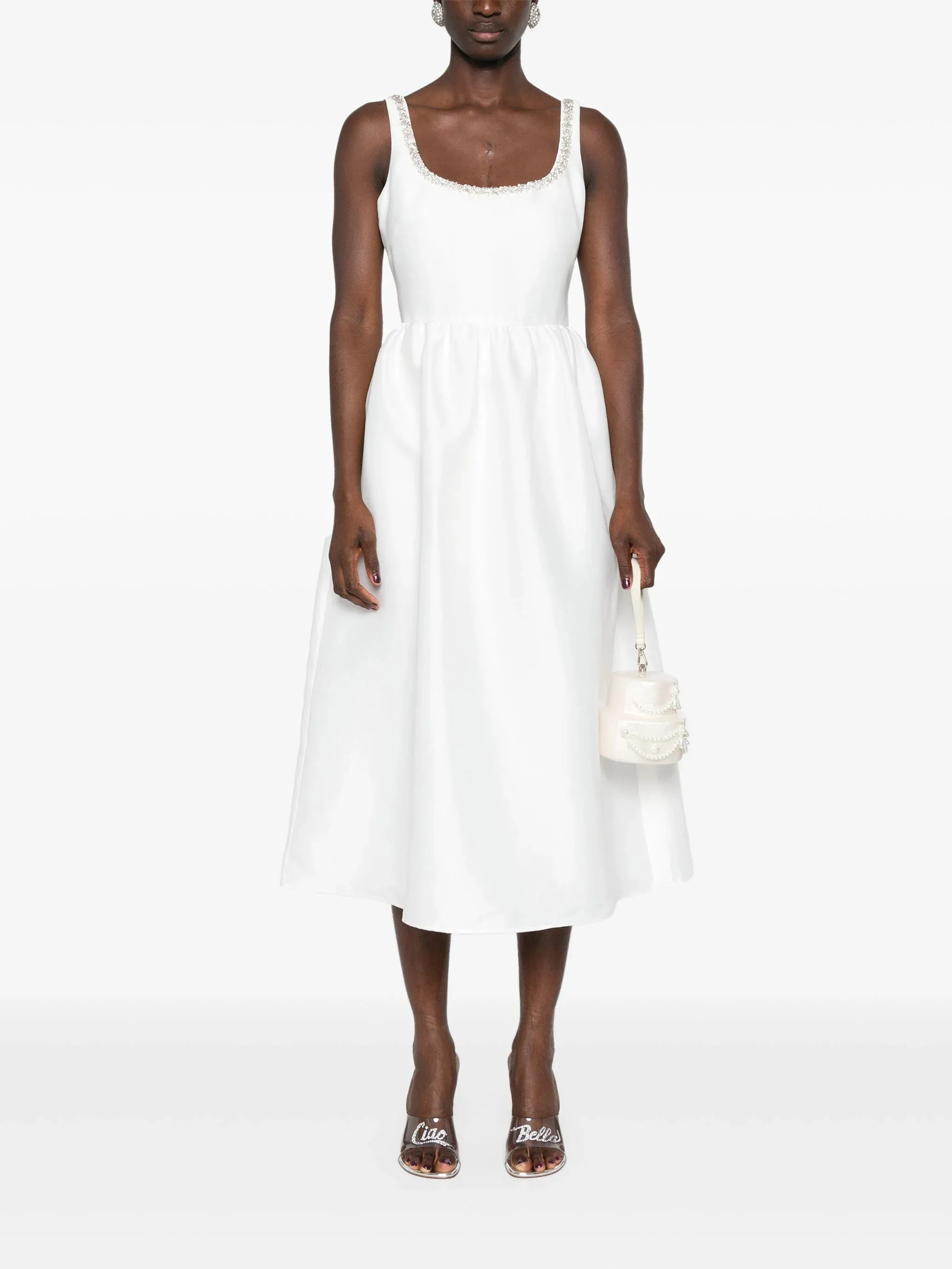 White Taffeta Diamante Midi Dress