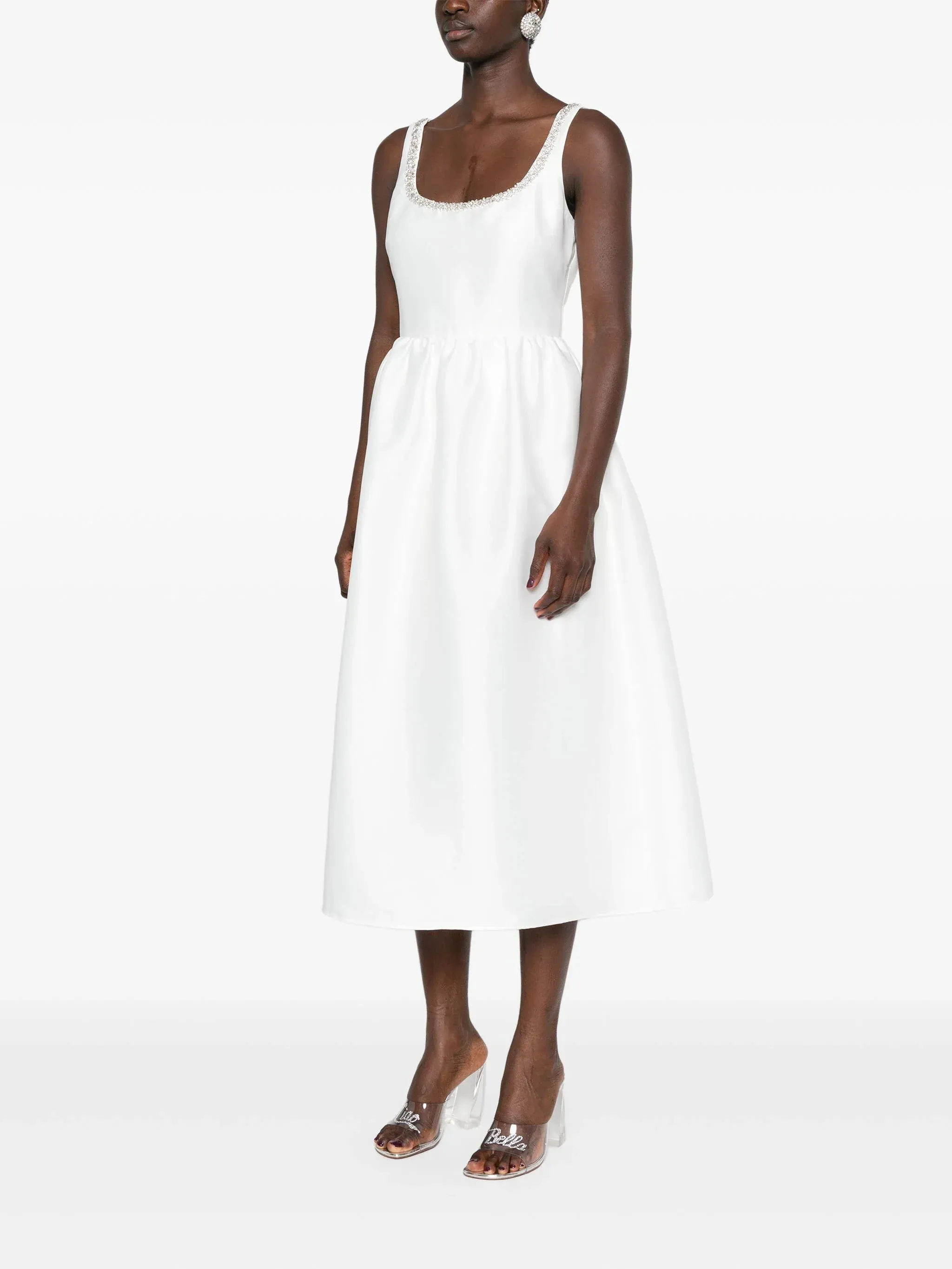 White Taffeta Diamante Midi Dress