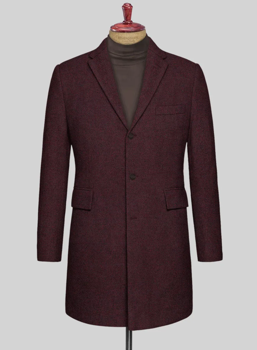 Wine Herringbone Tweed Overcoat