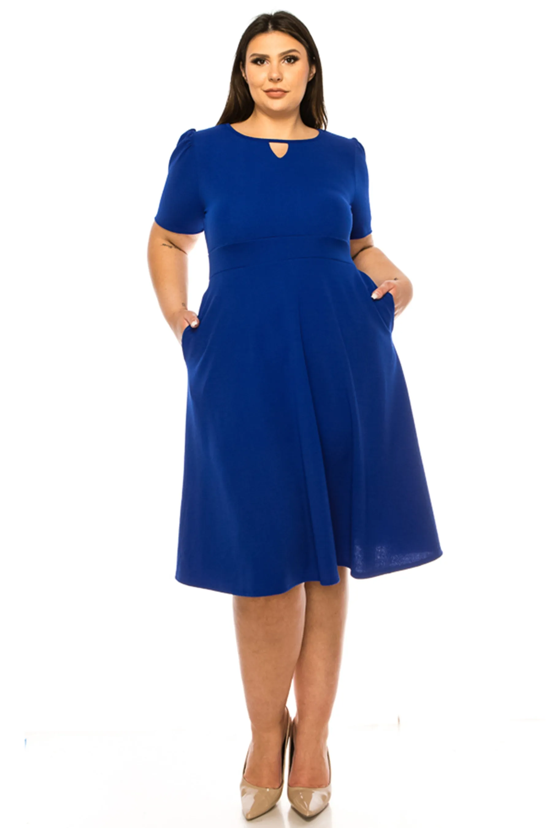 Women's Plus Size Dress with Puff Sleeves and Keyhole Front Casual Chic with Side Pock