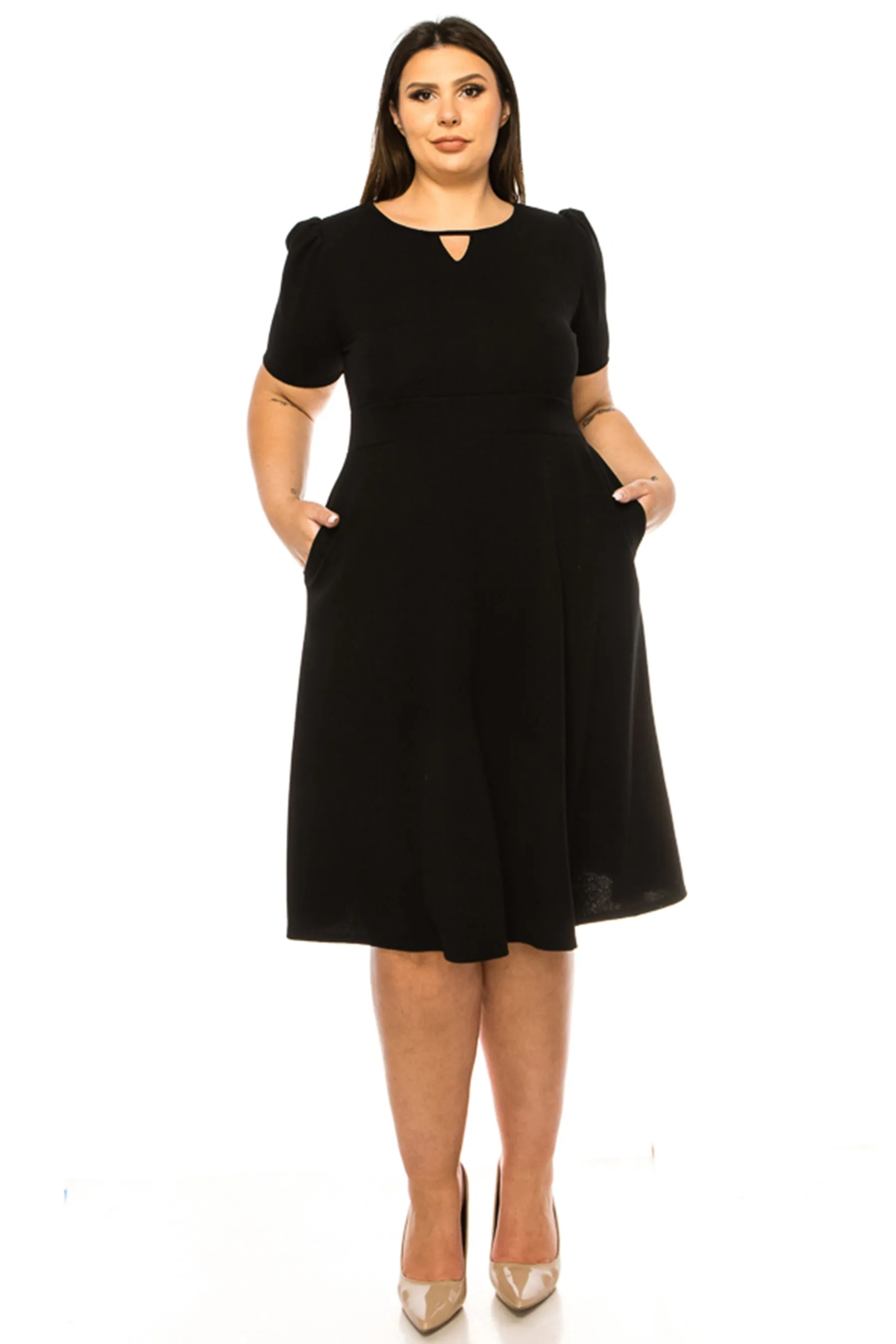 Women's Plus Size Dress with Puff Sleeves and Keyhole Front Casual Chic with Side Pock