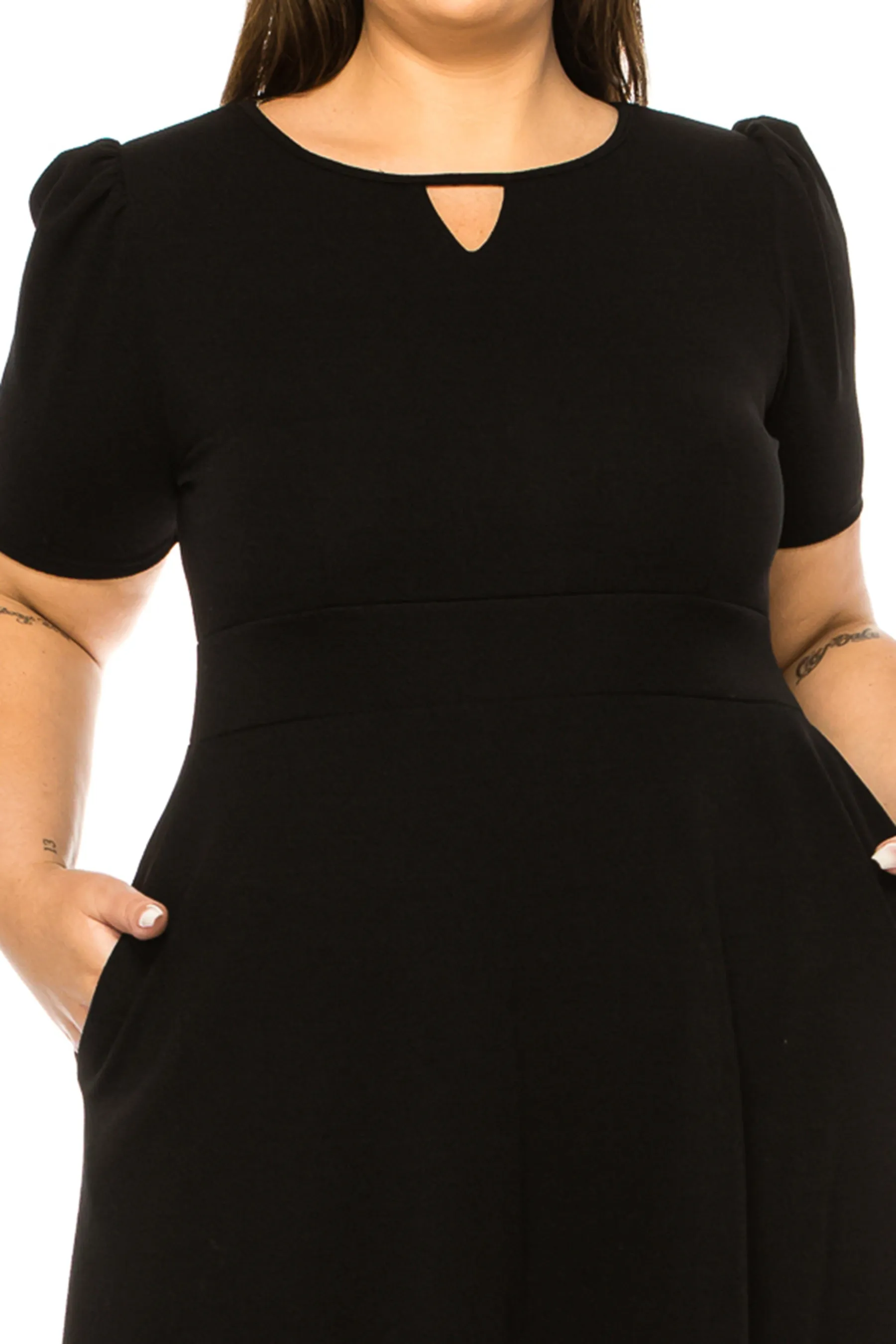 Women's Plus Size Dress with Puff Sleeves and Keyhole Front Casual Chic with Side Pock