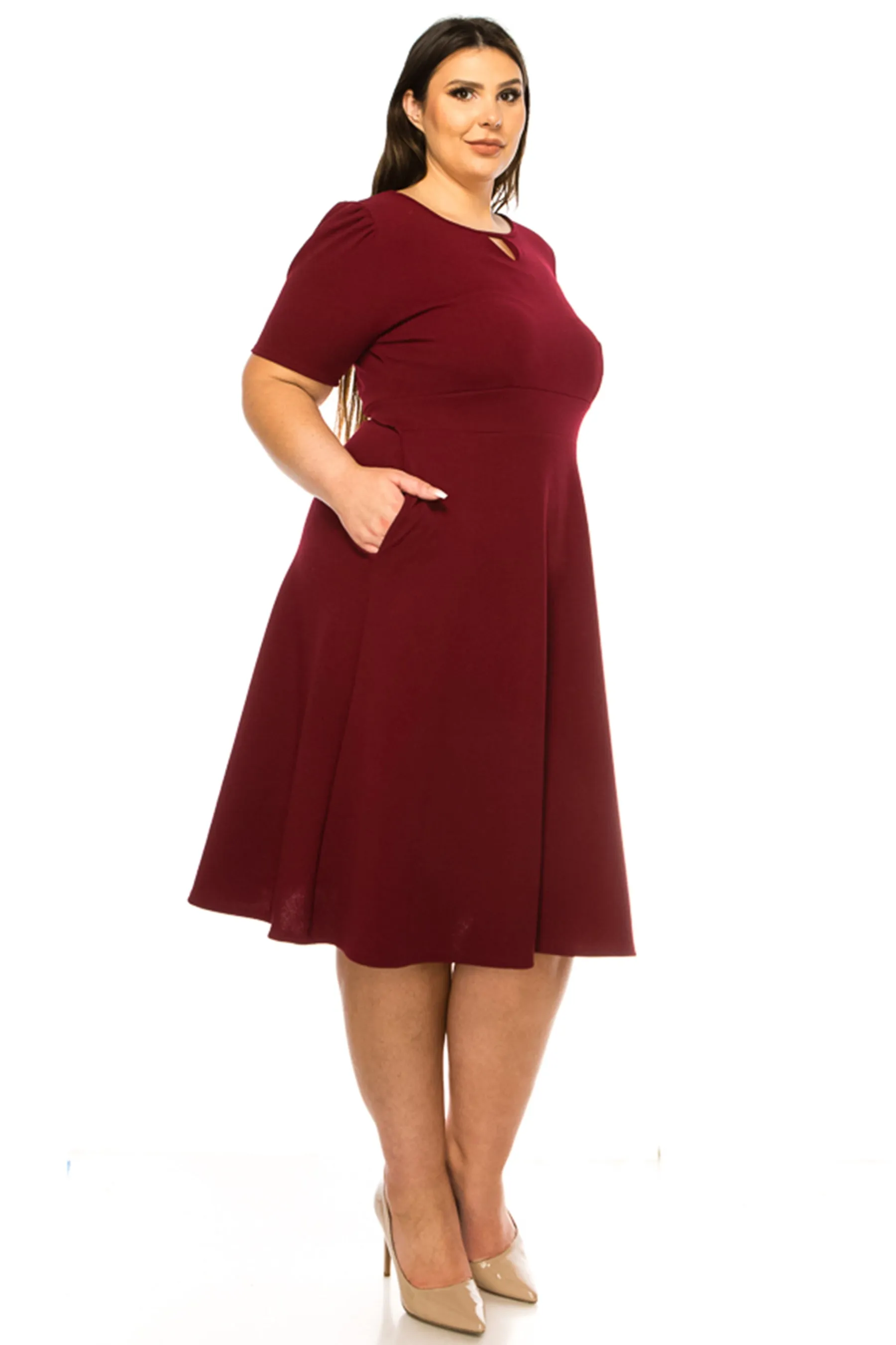 Women's Plus Size Dress with Puff Sleeves and Keyhole Front Casual Chic with Side Pock