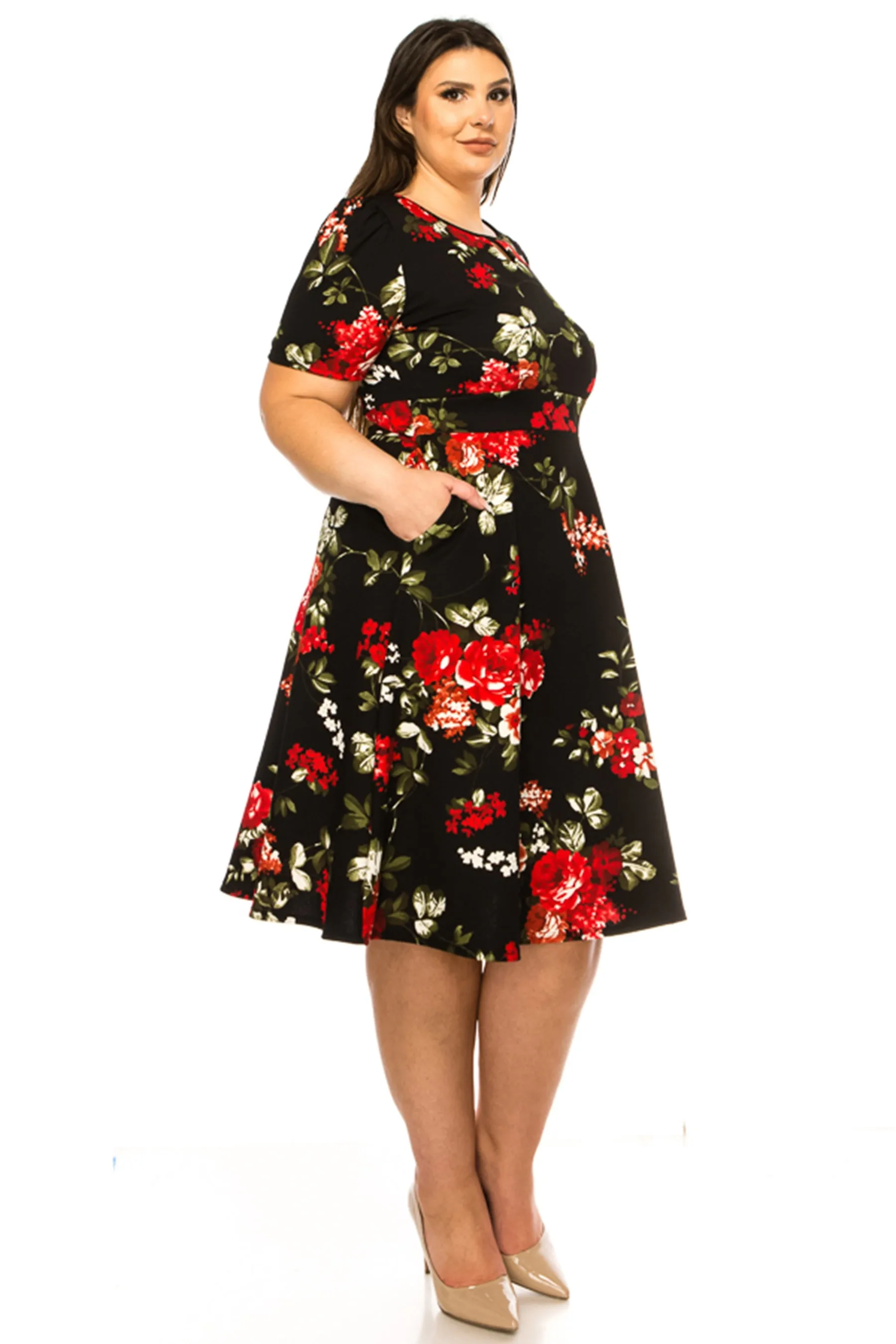 Women's Plus Size Dress with Puff Sleeves and Keyhole Front Casual Chic with Side Pock