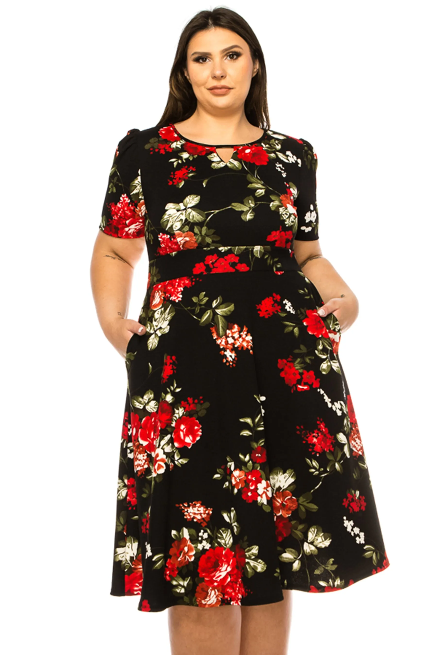 Women's Plus Size Dress with Puff Sleeves and Keyhole Front Casual Chic with Side Pock