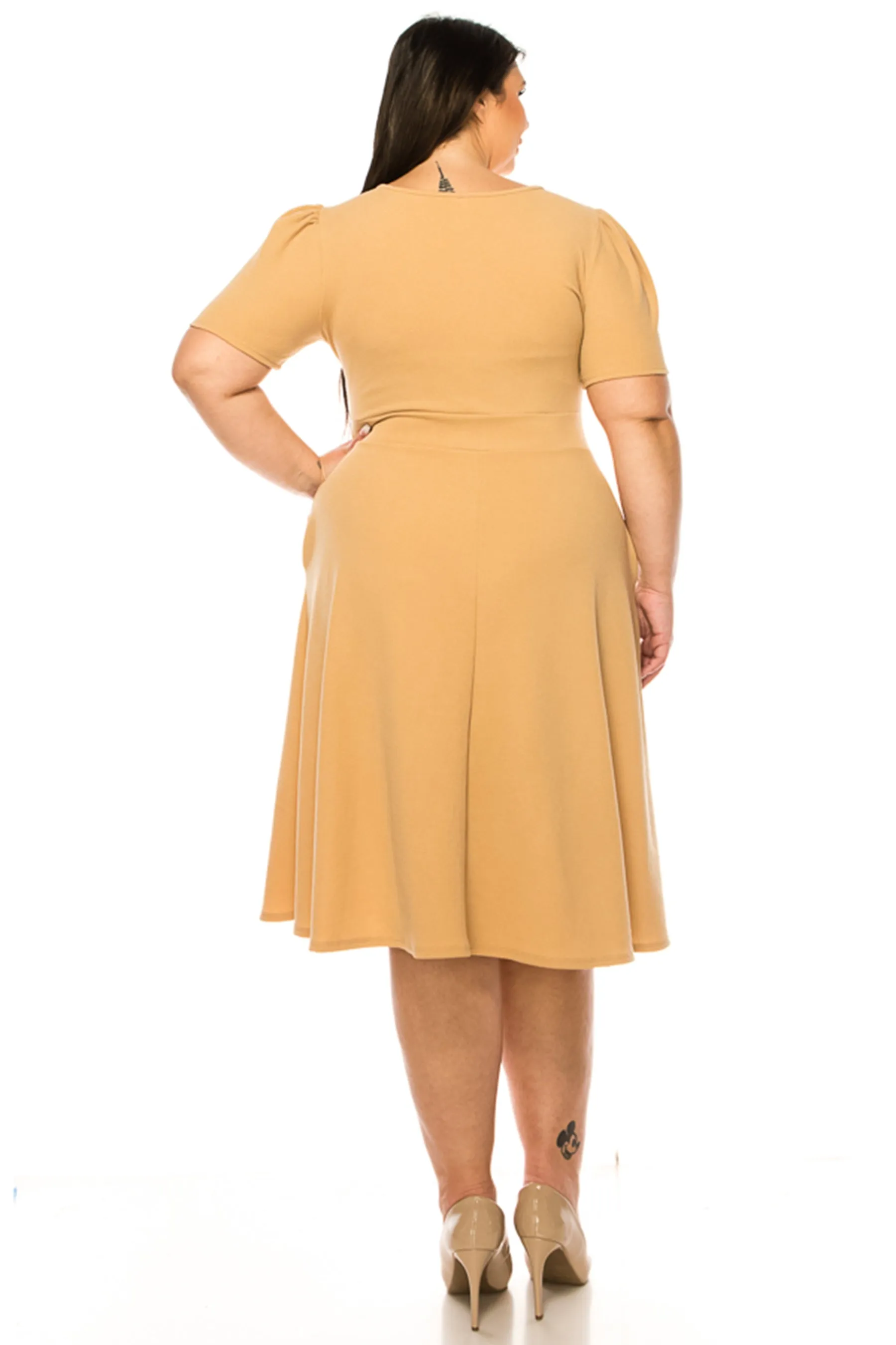 Women's Plus Size Dress with Puff Sleeves and Keyhole Front Casual Chic with Side Pock