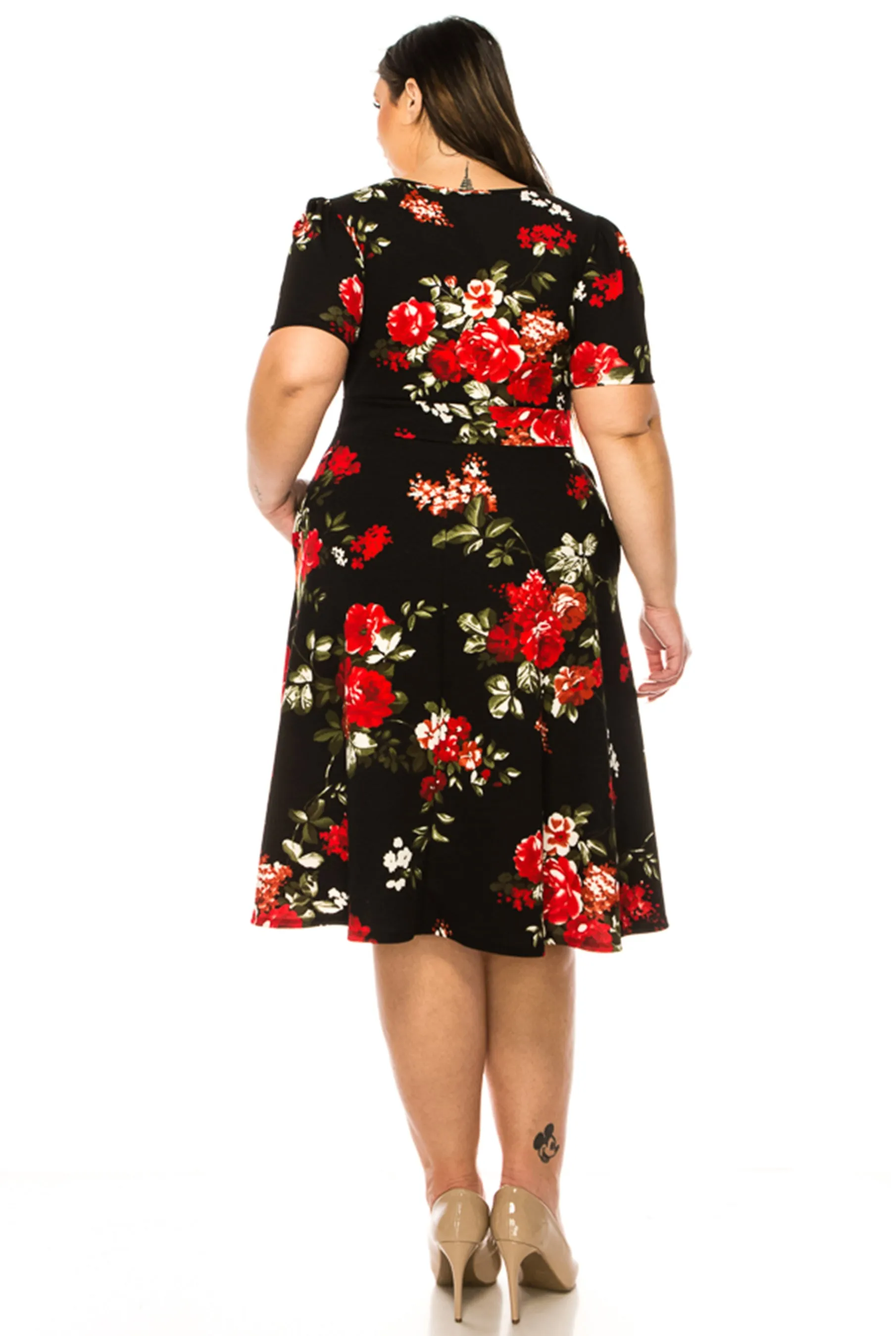 Women's Plus Size Dress with Puff Sleeves and Keyhole Front Casual Chic with Side Pock