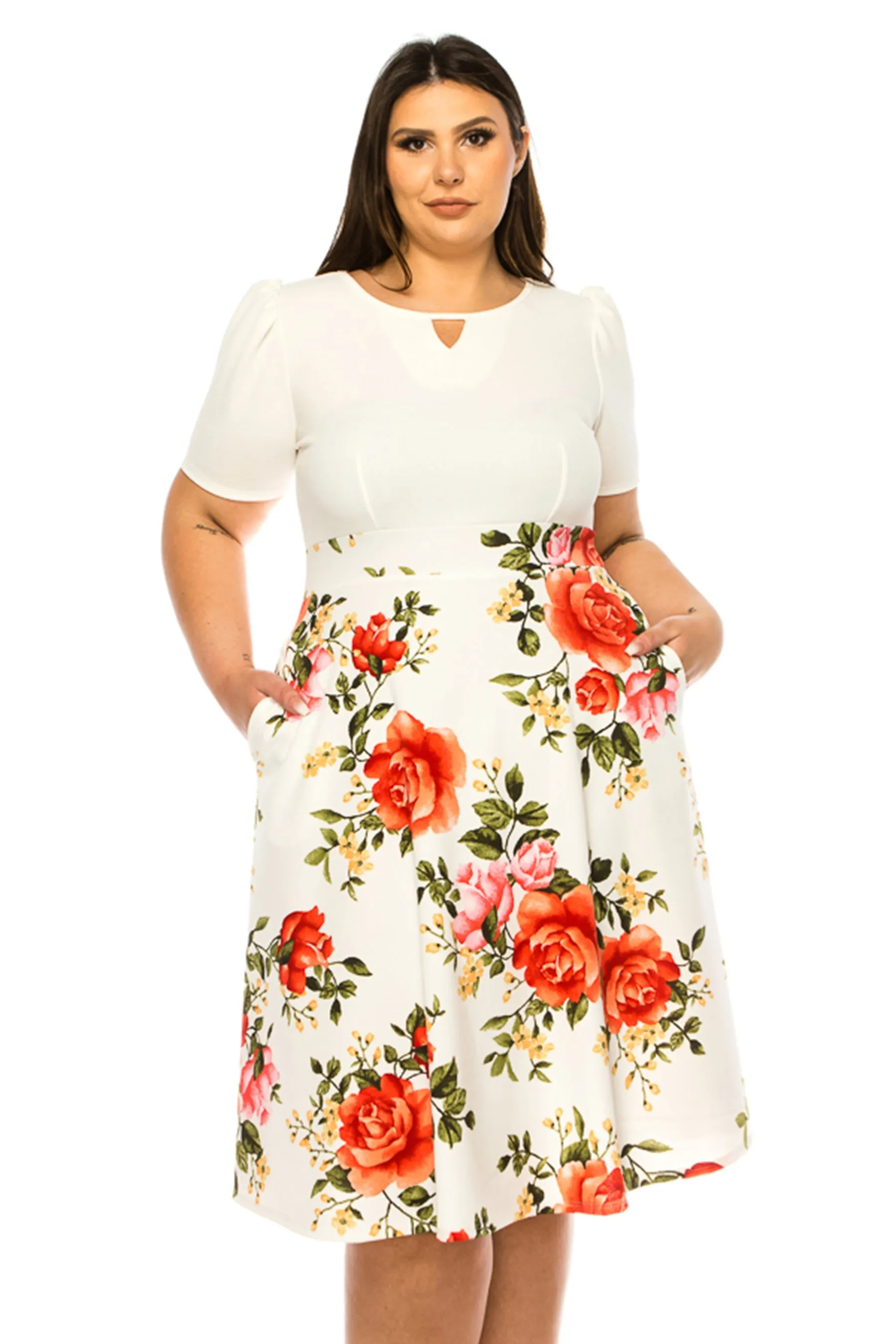 Women's Plus Size Dress with Puff Sleeves and Keyhole Front Casual Chic with Side Pock