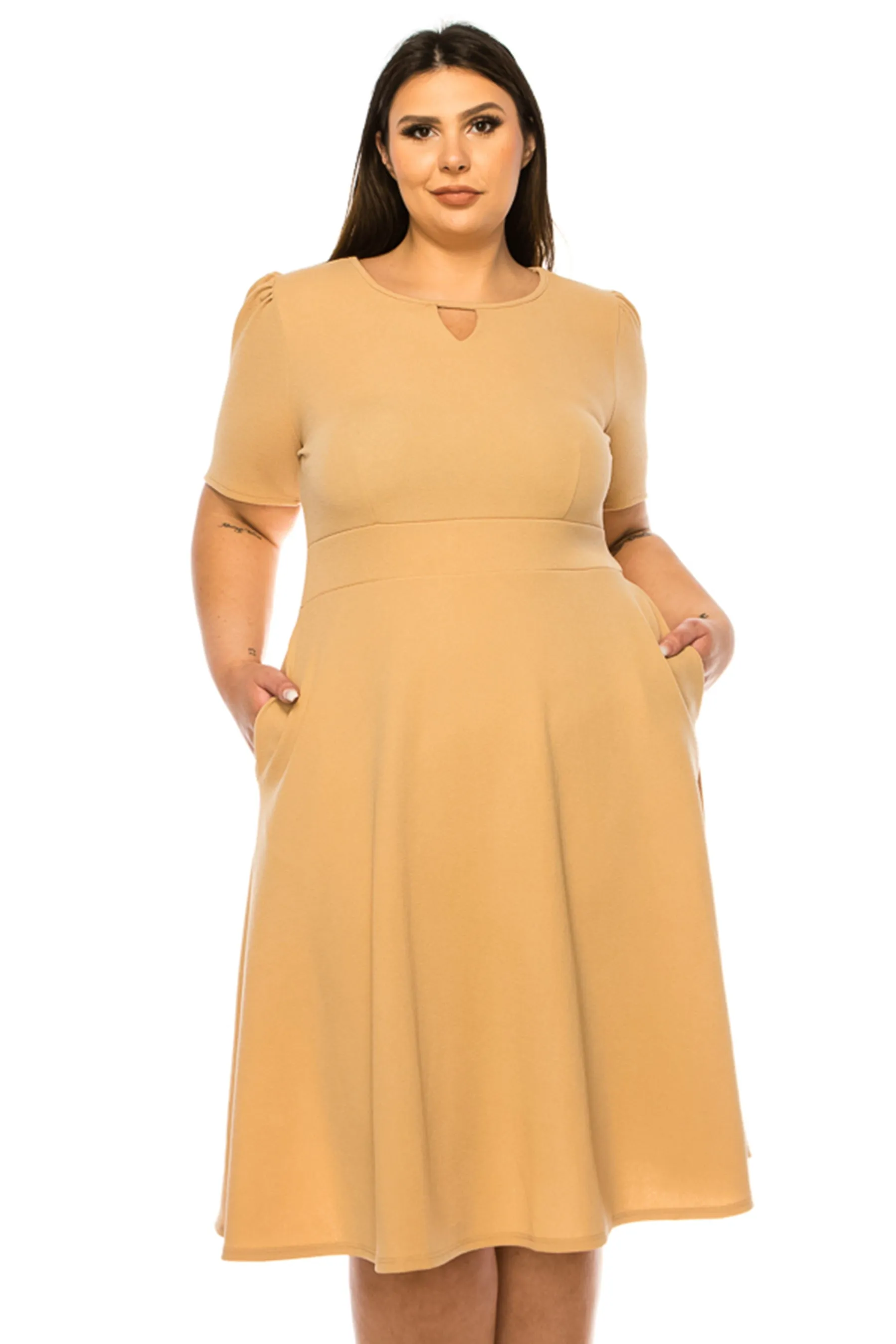 Women's Plus Size Dress with Puff Sleeves and Keyhole Front Casual Chic with Side Pock