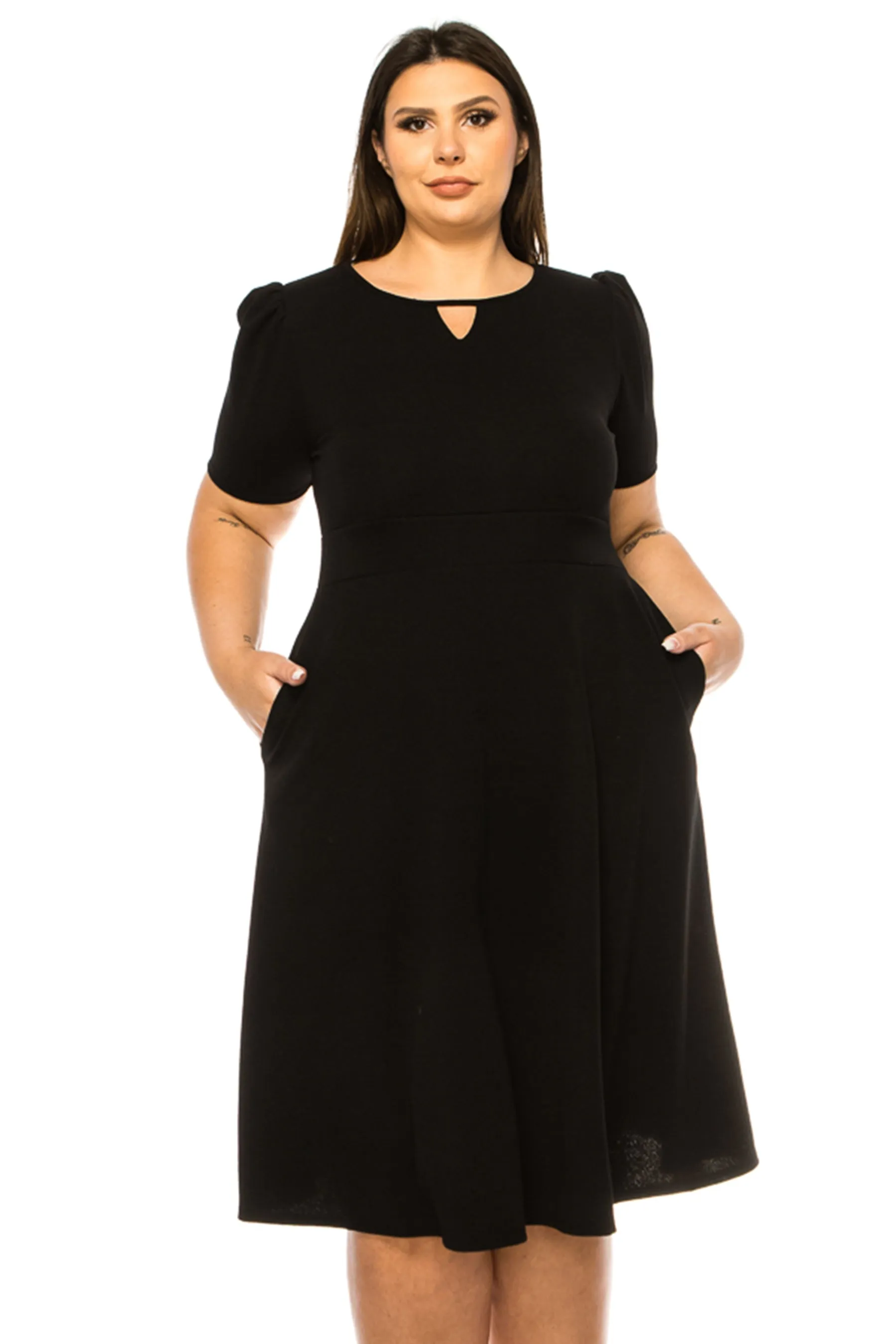 Women's Plus Size Dress with Puff Sleeves and Keyhole Front Casual Chic with Side Pock