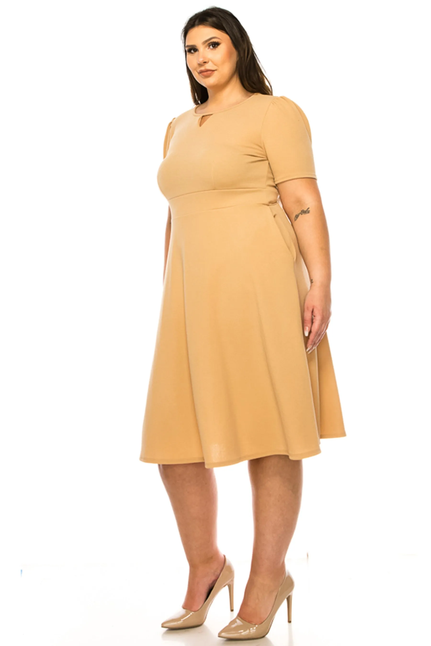 Women's Plus Size Dress with Puff Sleeves and Keyhole Front Casual Chic with Side Pock