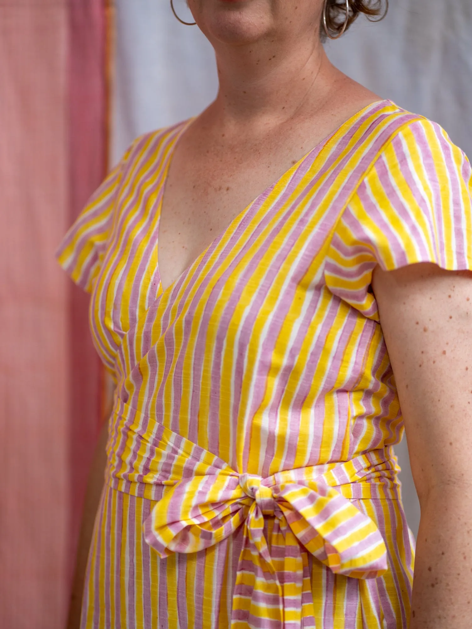 Wrap Tie Dress – Pink & Yellow Candy Stripe Print